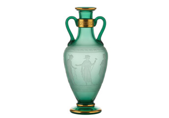 Elegant green glass amphora vase isolated, antique vessel with gold accents and Greek figures for home decor and historical collections