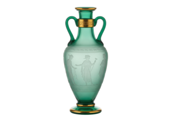 Elegant green glass amphora vase isolated, antique vessel with gold accents and Greek figures for home decor and historical collections