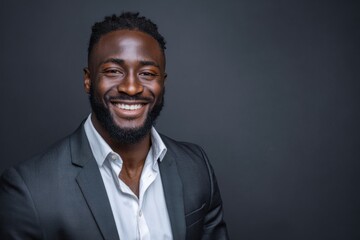 Smiling businessman in black jacket and white shirt against dark background, radiating confidence and friendliness, perfect for professional profile or corporate branding projects