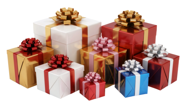 A festive collection of colorful wrapped gift boxes with decorative bows isolated on transparent background