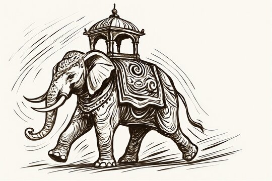 Elegant ink-style illustration of an adorned elephant carrying a ceremonial howdah. The artwork captures the grandeur and rhythm of royal processions, emphasizing cultural heritage and traditional cra