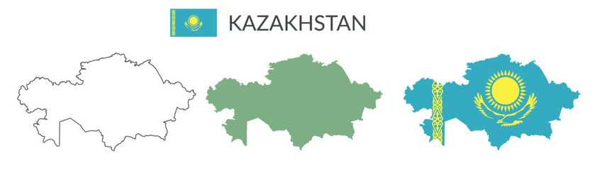 Kazakhstan country geographical borders isolated on white background. Flag of Kazakhstan. Vector flat cliparts.