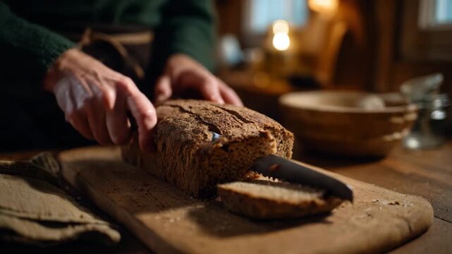 A close-up view of a hand slicing rustic, homemade bread on a wooden board, with soft natural lighting creating a warm, inviting atmosphere that celebrates comfort food.