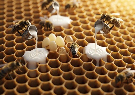 Bees tending to larvae in honeycomb cells with royal jelly.
