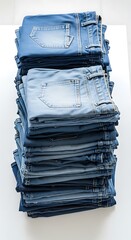 Stack of Folded Blue Jeans on White Background.
