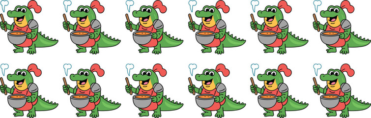 Fototapeta premium Smiling Cartoon Crocodile Chef Cooking Soup in Pot: Whimsical Alligator Character Stirring Broth with Ladle in Fantasy Kitchen, Food Preparation for Children's Illustration, Animated Presentation, Cul
