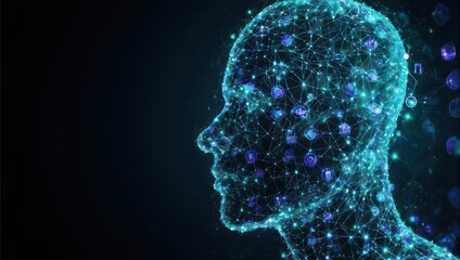 Glowing digital outline of a human head formed by connected blue dots, on a dark background