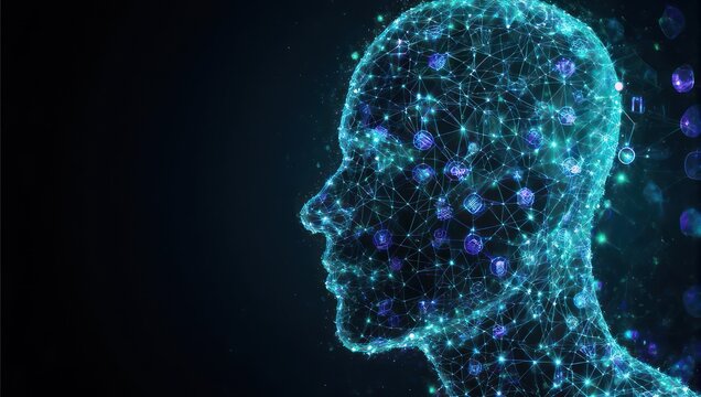 Glowing digital outline of a human head formed by connected blue dots, on a dark background