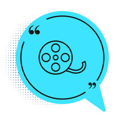 Black line Film reel icon isolated on white background. Blue speech bubble symbol. Vector