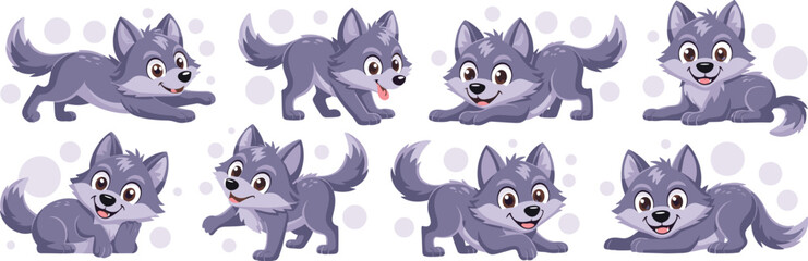 Obraz premium Cute Wolf Pups Playing in Light Dotted Environment, Cartoon Style Animal Character Set for Children's Education, Storytelling, and Animated Content, Representing Innocence, Playfulness, Nature, and Wi