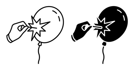 Linear icon. Hand of an envious person or ill wisher pierces a flying balloon with a sharp needle. Simple black and white vector isolated on white background