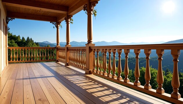 Wooden porch overlooking mountains