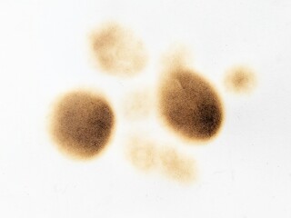 Close up of round burn stain isolated on white paper background. Burnt paper with black stain. Paper burned with black marks.