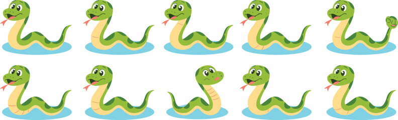 Obraz premium Green Cartoon Snakes Swimming in Blue Puddles: Playful Reptiles in Aquatic Scene, Representing Children's Education and Wildlife Awareness, Animated Style for Storybooks and Educational Materials, Vib