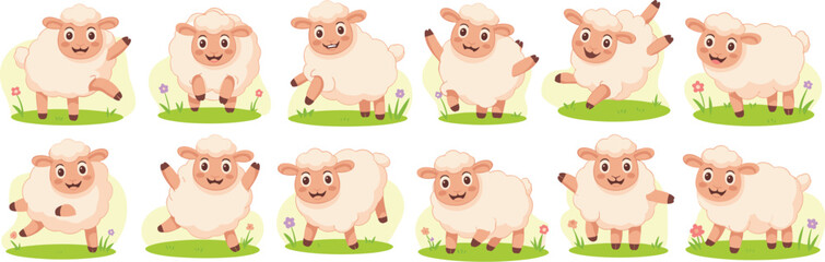 Cheerful Cartoon Sheep Characters Dancing on Grassy Meadow - Playful Lambs Having Fun in Springtime Scene, Cute Animals for Kids' Illustration, Agricultural Farm, Nursery Decor, Pastoral Joy, Whimsica