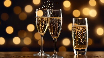 Cinematic HDR close-up of champagne glasses with golden bokeh