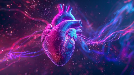 Vibrant neon illustration of a human heart with glowing veins and arteries, representing advanced medical technology and biology.