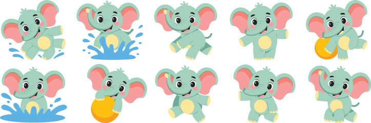 Delightful Baby Elephant Cartoon Collection: Playful Mammals in Various Poses, Splashing in Water, Holding Ball – Cheerful Animals for Children's Illustration, Educational Resources, Animated Characte