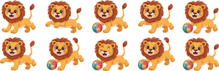Cheerful Lion Cubs Playing with Colorful Balls on White Background Illustration for Children's Education and Entertainment Projects, Cartoon Animal Characters for Kids, Mascot Design, Cute Creatures i