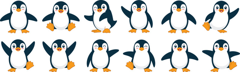 Adorable Penguin Character Set Waving Greetings in Animated Style on White Background, Vector Illustration for Children's Animation or Wildlife Conservation Education, Cheerful Graphic Design Elements