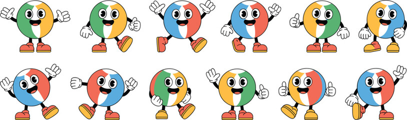 Cartoon Beach Balls Characters Waving Hello and Giving Thumbs Up, Cheerful Retro Mascot Set for Summer Fun, Vintage Style Graphics for Kids Advertising, Positive Vibes, Joyful Emoticons, Playful, Colo