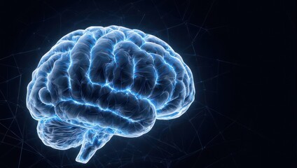 Glowing blue 3D brain model with a network overlay on a dark background