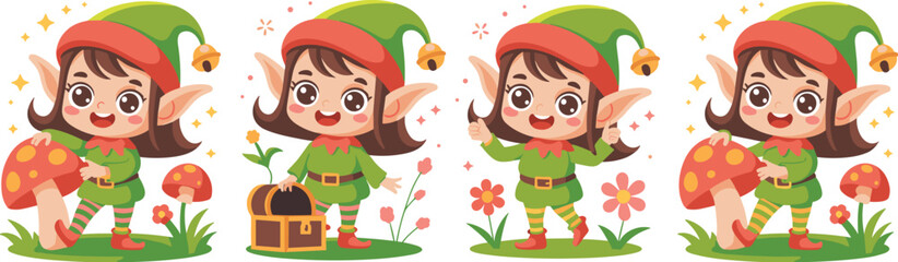 Delightful Forest Elf Cartoon Characters in Playful Poses on Grassy Meadow with Flowers & Treasure Chest: Whimsical Woodland Sprites for Children's Illustration, Fantasy Storytelling, Animation, Graph