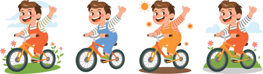 Cheerful Kid Riding Bicycle in Colorful Scenery: Happy Boy on Bike Adventure Through Sunny Landscape, Promoting Childhood Development, Active Lifestyle, Outdoor Fun, Educational Graphics, Wellbeing, J