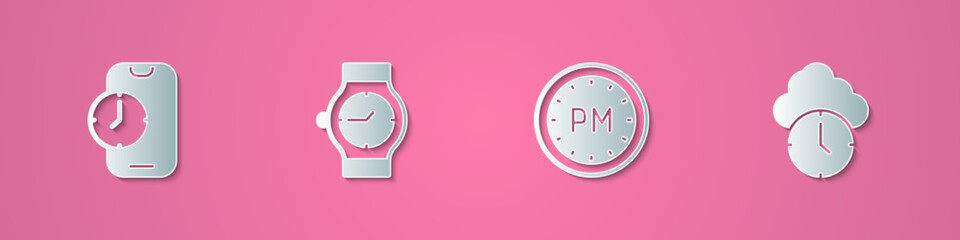 Set paper cut Alarm clock app mobile, Wrist watch, Day time and Clock icon. Paper art style. Vector