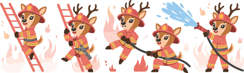 Cartoon Firefighter Deer Set to the Rescue Against Blazes - Brave Animal Characters in Action, Fighting Fire with Hose and Ladder, Ideal for Children's Illustration, Safety Education, Empathy, Mascot,