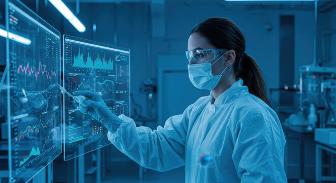 Medical researcher in protective suit analyzing data on transparent digital screens, cold blue light
