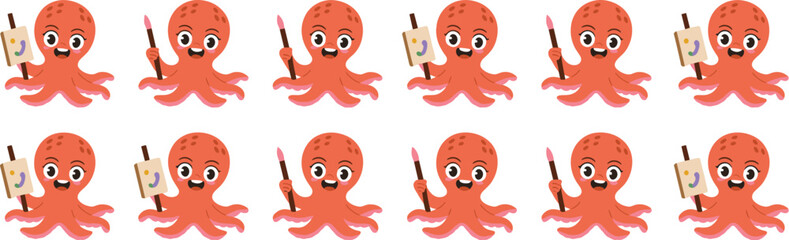 Cartoon Octopus Artist Painting with Brush and Canvas, Cute Sea Animal Character in Creative Arts and Crafts, Education Illustration, Marine Life Design for Children's Books and School Materials, Whim
