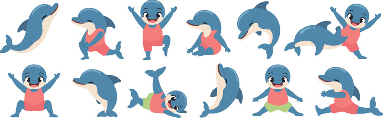 Adorable Cartoon Dolphin Characters Posing and Exercising in Various Positions, A Playful Aquatic Animal Set for Children's Education and Creative Projects, Vector Illustrations for Website Design and