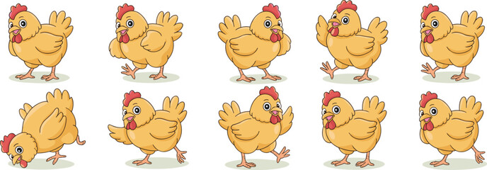 Cute Cartoon Chicken Set Walking in Various Poses on White Background for Children's Illustration, Animation, Education, Storytelling, Agriculture, Farming, Livestock, Poultry Industry Projects, Funny