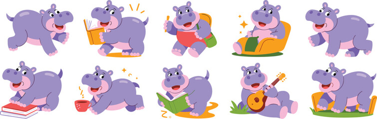 Playful Purple Hippopotamus Cartoon Character Collection Studying, Relaxing in a Chair, Reading Books, Playing Guitar, and Enjoying Leisure Time in a Cheerful, Educational Kids Illustration Style for