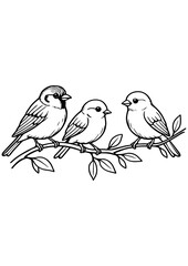 Obraz premium Vector black and white illustration of three birds sitting on a branch, great for engraving, prints, and creative projects