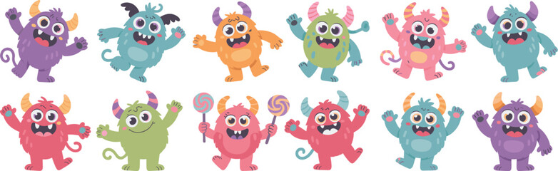 Playful Monsters Having Fun Illustration: Cheerful Cartoon Creatures Celebrating in a Fantasy Land, Perfect for Children's Books and Animated Content, Bright Colors, Whimsical Design, Marketing Materi