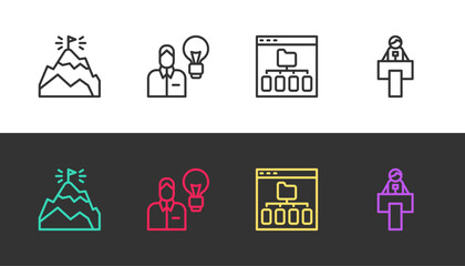 Set line Mountains with flag, Human lamp bulb, Browser files and Stage stand or tribune on black and white. Vector