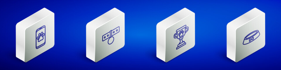 Set Isometric line Veterinary clinic, Collar with name tag, Pet award and food bowl icon. Vector