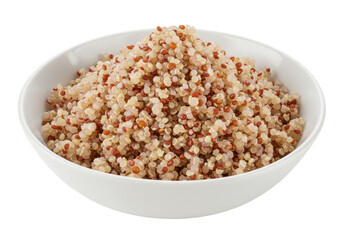 Isolated bowl of quinoa, cooked tricolor seeds, superfood ingredients in bowl meal
