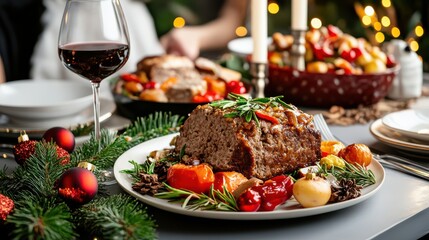 Elegant Christmas Dinner with Meatloaf, Roasted Vegetables, and Red Wine, Festive Holiday Meal with Decorations and Candlelight