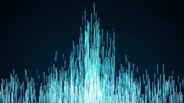 An abstract digital background with glowing neon particles flying upward. A moving stream of glowing bright particle lines. A visualization of connection. A seamless, cyclical abstract background.