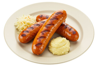 Isolated Plate of three grilled bratwurst sausages with side of sauerkraut and mashed potatoes