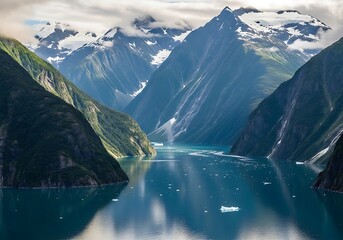 Majestic Alaskan Fjord Landscape with Snow-Capped Mountains and Turquoise Waters.