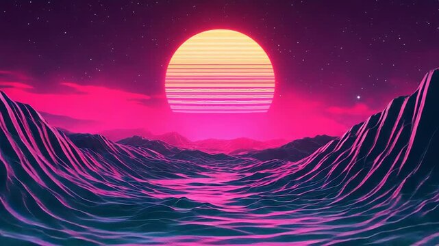 Retrowave sunset over futuristic neon mountains and water