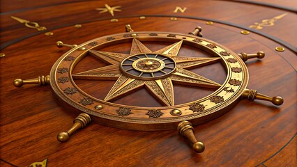 Vintage brass compass on wooden surface
