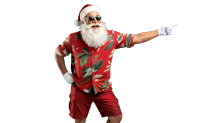 Cool santa claus wearing sunglasses and a hawaiian shirt pointing to the side isolated on transparent background