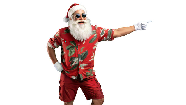 Cool santa claus wearing sunglasses and a hawaiian shirt pointing to the side isolated on transparent background