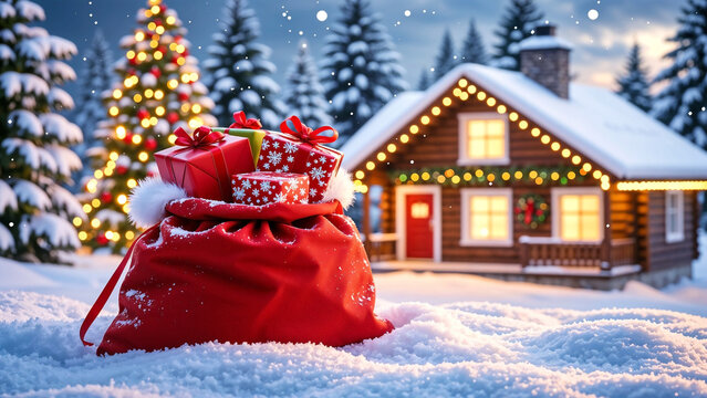 Santa gifts bag on the roof of the house at night of christmas eve - Powered by Adobe