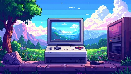 A pixelated scene depicts an old computer set outdoors, showcasing a landscape on its screen. A desktop tower and mouse sit nearby